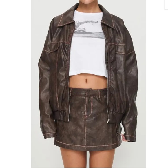 PRINCESS POLLY Tanza Faux Leather Bomber Jacket - Brown / Red - Picture 1 of 10